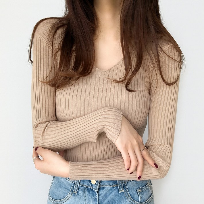 11 V 여성 브이넥 골지 니트 티셔츠 봄가을 슬림핏 긴팔 이너