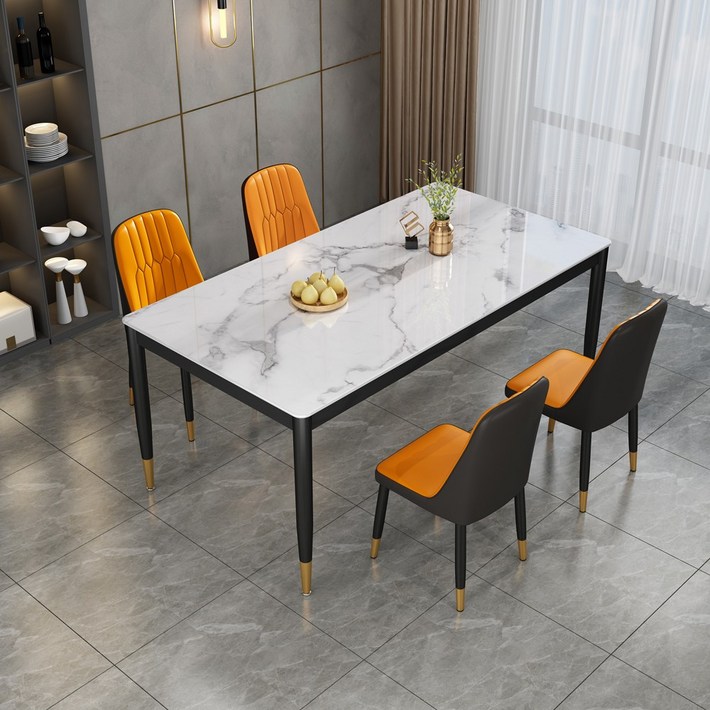 아우스 C 모던식탁세트 4인용 6인용 대리석무늬 강화유리식탁 세트 북유럽풍 다이닝테이블 식탁세트의자, 식탁 130cm  오렌지 의자 4개