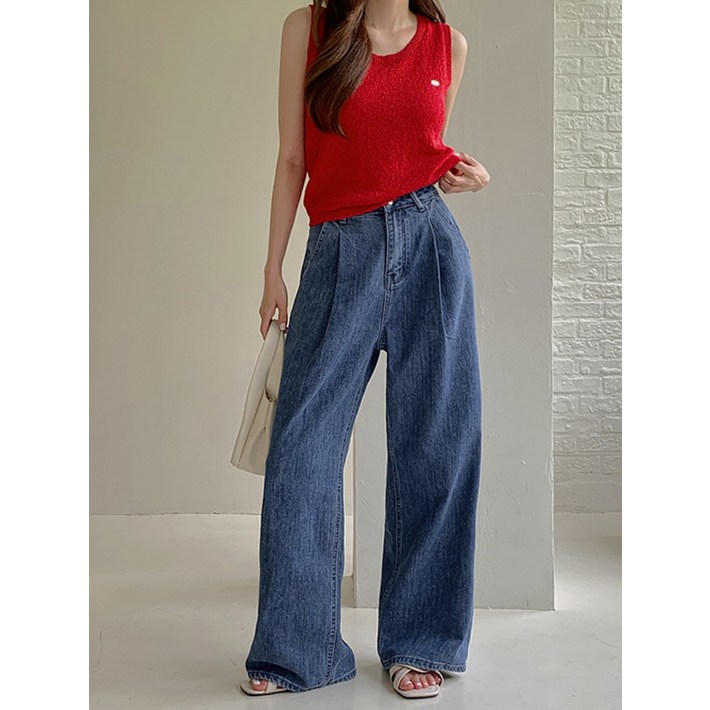 리리앤코 기본롱 핀데브렌 썸머 스판 핀턱 와이드 데님 청바지