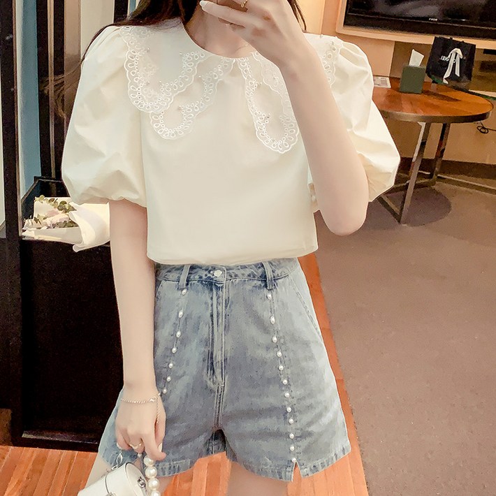 여성 여름 레이스 반팔 셔츠