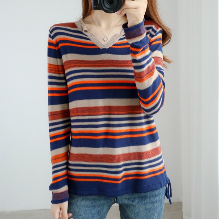 Kdragon 여성용 V넥  트임 스트링 긴팔 니트티 베이직  스웨터 캐주얼 데일리