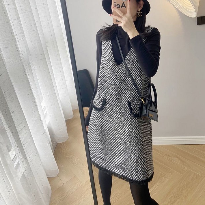 겨울 여성 나시 스커트 모직 민소매 원피스 페션 여성용 조끼 나시 스커트 추동 나시 원피스 미디 스커트LLJ