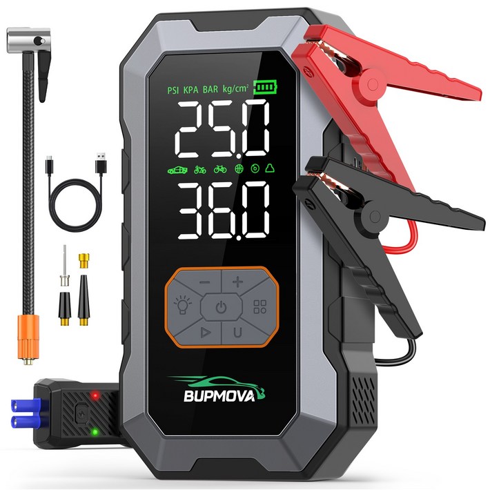 BUPMOVA 자동차 점프스타터 에어펌프 대용량 보조배터리 스마트 점프케이블 12V 긴급 시동 점프스타터, 12400mAh, 1개