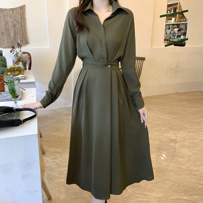 로망스 9월 10월 결혼식 하객룩 셔츠 가을 카라 플레어 롱 원피스