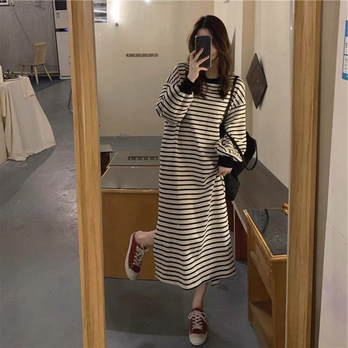 꽃소담 여성 가을겨울 기모 스트라이프 맨투맨 롱 원피스 L890