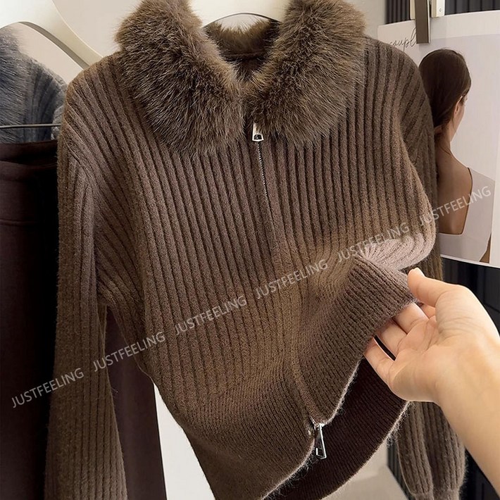 JUSTFEELING 퍼칼라 집업 골지니트티 슬림핏 순색 날씬해보이는 크롭 니트코드 베이직 니트 가디건 65kg까지