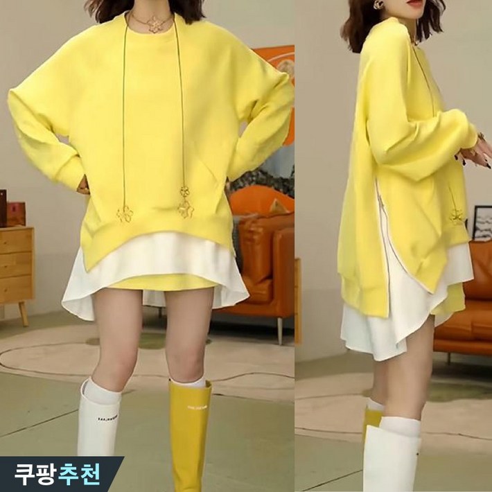 25년 신상 150kg까지 빅사이즈 여성 페이크 언밸 옆트임 노란 원피스 봄 가을 편한 독특한 레이어드 패치워크 개성 디자인 모던 매력 박스 날씬해보이는 캐쥬얼 지퍼 원피스