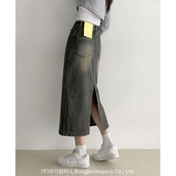 부기샵 여성 데님치마 커스 워싱 트임 롱 청스커트