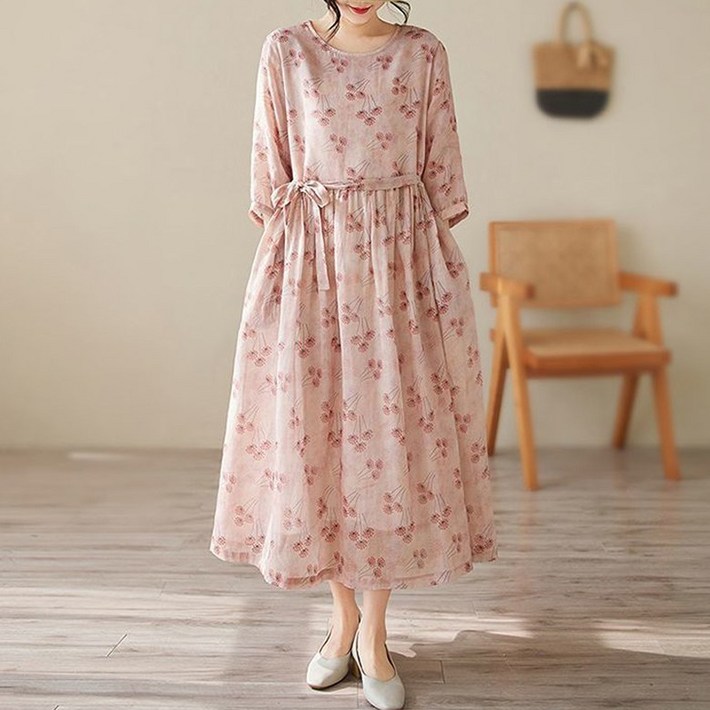 ORZQU 여름 여성 캐주얼 에스닉 플라워 프린트 원피스 라운드 넥 루즈핏 플레어 스커트
