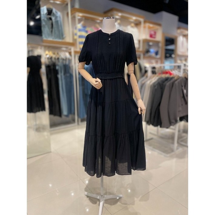 플라스틱아일랜드 여성용 레이스 배색 스모킹 원피스 PR2WO931