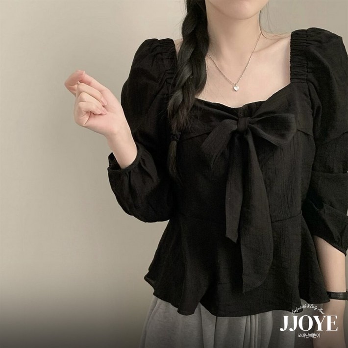 쪼예 스퀘어넥 오프숄더 밴딩 쉬폰 리본 긴팔 블라우스