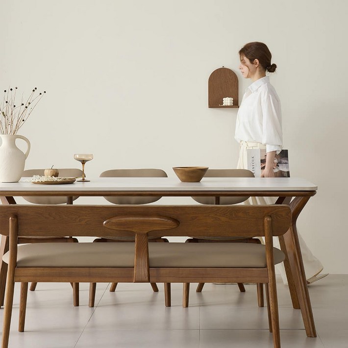 까르엠가구 헤이븐 포세린 양면 세라믹 50R 애쉬 원목 6인용 식탁세트 1800 3인벤치1의자3