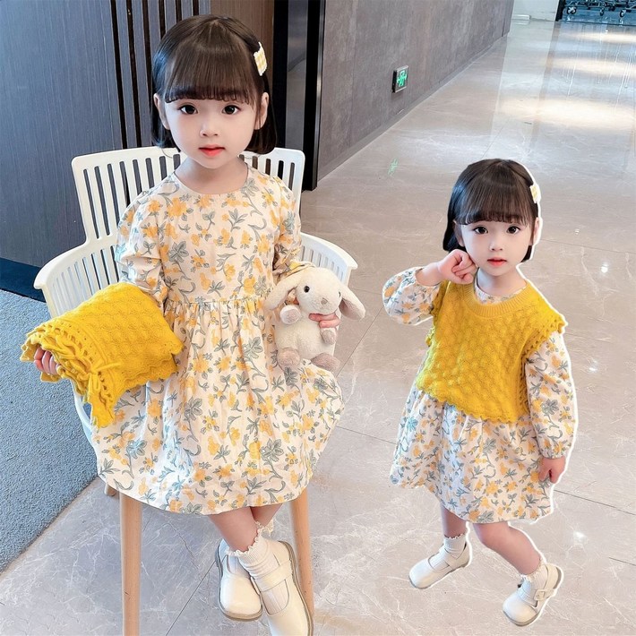 아짱 키즈여아원피스조끼세트 키즈여아 봄가을신상 옐로조끼원피스세트