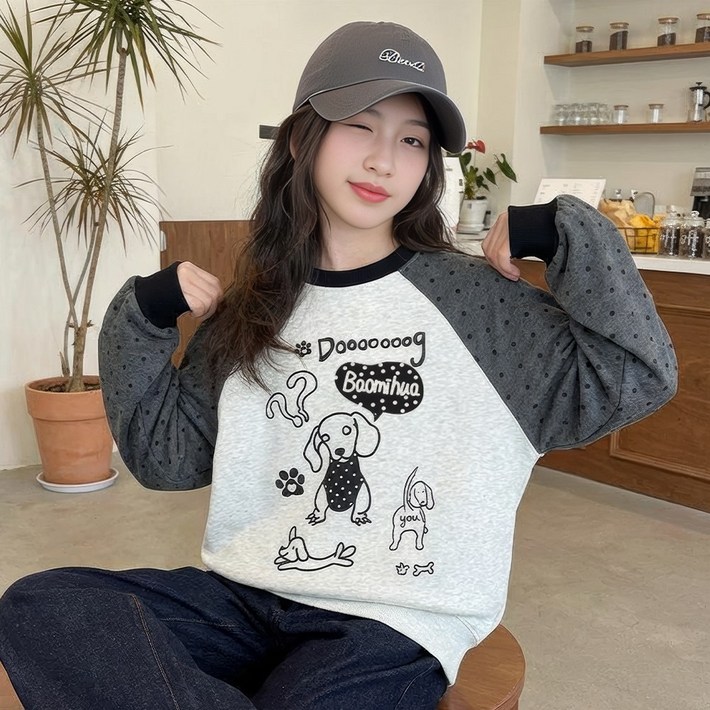 베비포 기모 강아지 그래픽 루즈핏 맨투맨 -DA8