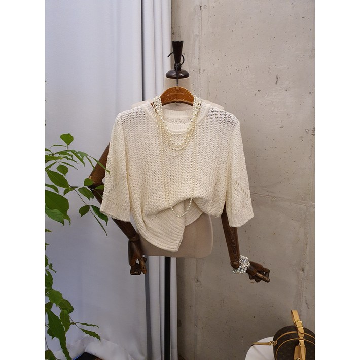 여름신상 무배 그리프 아크릴 라운드 크롭 반팔 니트