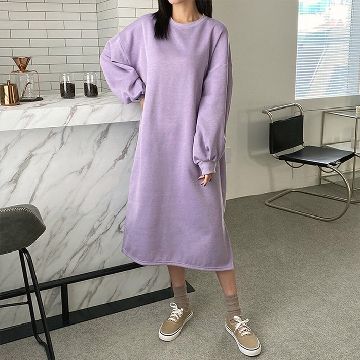 유야 여성 기모 무지 퍼프 소매 트임 롱 원피스 FOP0212 겨울