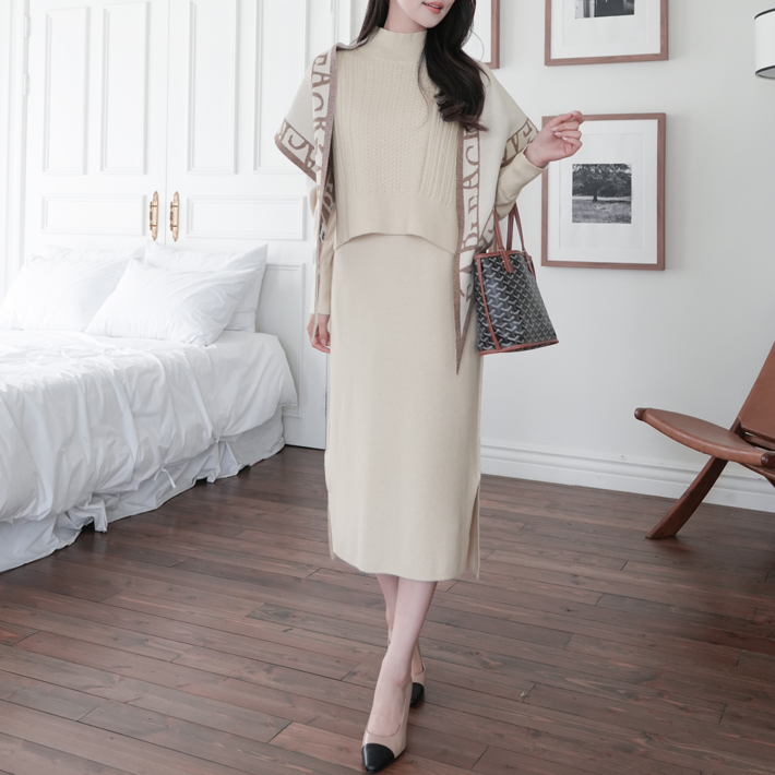 베르니 니트 원피스 케이블 베스트 세트 투피스 데일리 여성 원피스