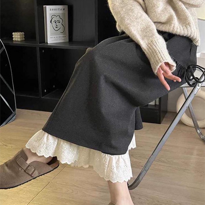 나인클로젯 2중 펀칭 레이스 겨울 벨벳 밴딩 롱 스커트 여성 가을 치마