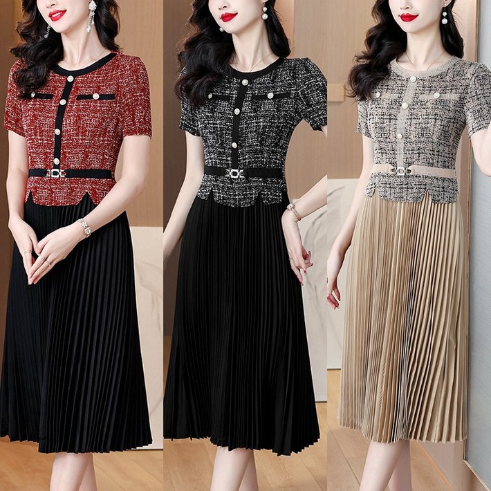 고급 중년여성 상견례 하객룩 77 88 반팔 벨트 플리츠 정장 원피스