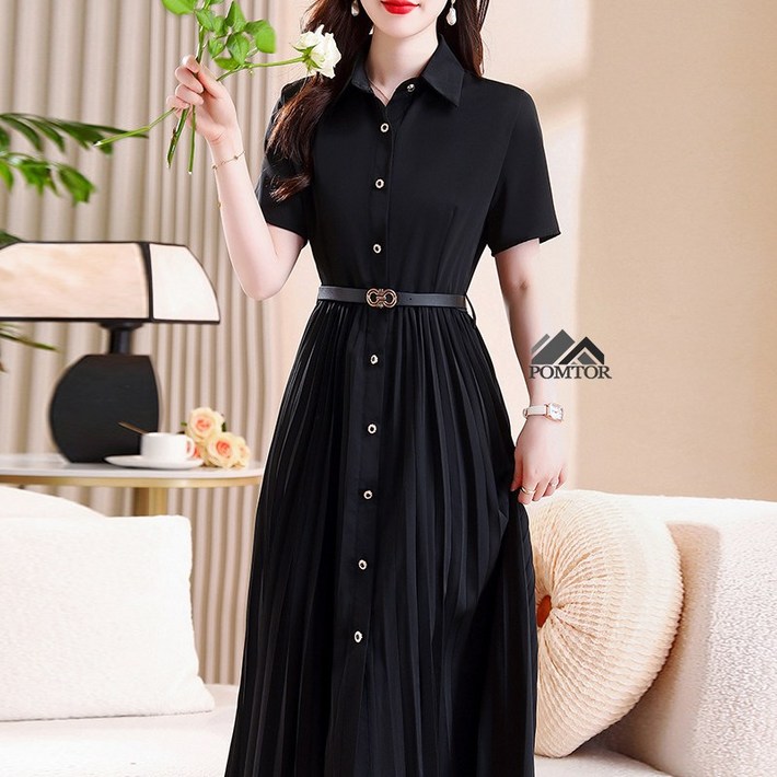 POMTOR 여성 여름 블랙 정장 반팔 롱 셔츠 원피스