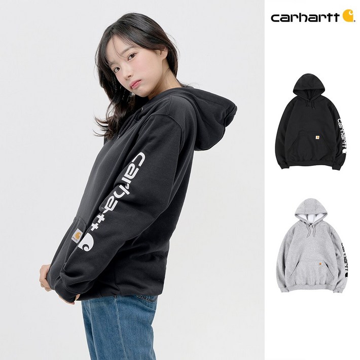 칼하트 남녀공용 오버핏 기모 후드티 소매로고 K288