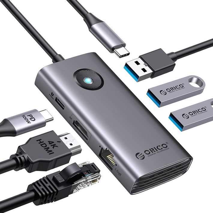 오리코 C타입 6IN1 멀티포트 허브 PD100W 충전 HDMI 4K 기가비트 이더넷 PW116PR, 짙은 회색, 1개