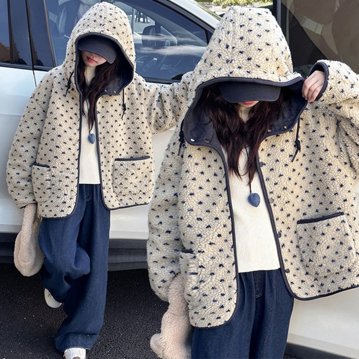 비비키드 여아 기모 초등생 긴팔 땡땡이 양털 뽀글이 후드점퍼 외투 상의 신상 초중생 주니어 겨울 초등생 점퍼 2575