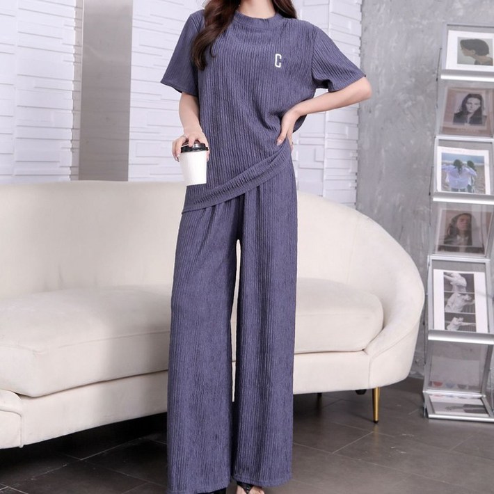 여성 플리츠 세트 상하의 트레이닝 세트 반팔티 캐주얼세트