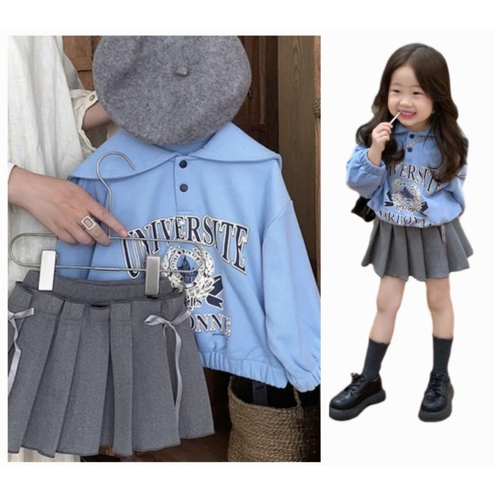 해피팡팡  봄 가을 키즈 여아용 빅카라 티셔츠 주름치마세트 맨투맨 상하복  긴팔티셔츠 치마 2종 팡팡유니버시티치마투피스 2종set여아상하복 세트 자매룩  입학식 졸업식 명절