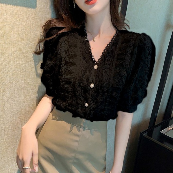 100199C 프릴레이스 줄무늬 여성 반팔 블라우스 100199C 프릴레이스 줄무늬 여성 반팔 블라우스