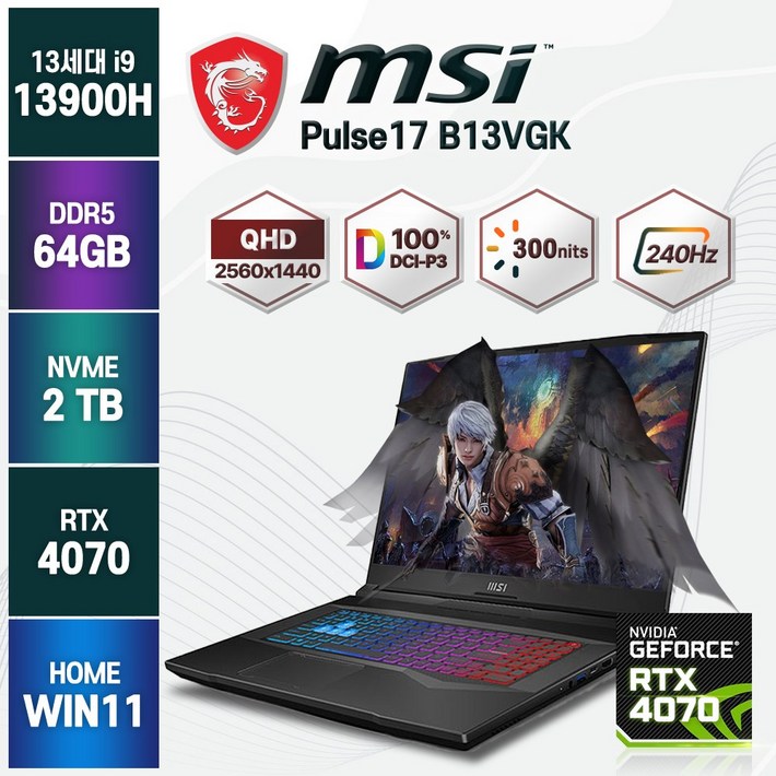 2023년형 MSI Pulse 17 B13VGK 240Hz QHD 13세대 인텔 i9 RTX4070 게이밍노트북, 블랙, B13VGK, 코어i9, 2TB, 64GB, WIN11 Home