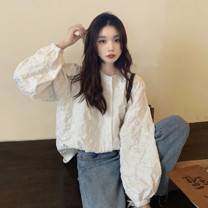 SAHINER 여성 라운드넥 벌룬소매 플라워 자수 블라우스 봄 ACS102