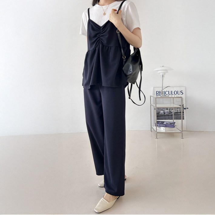 다미타니 국내제작 셔링 끈나시 밴딩 롱팬츠 세트 OCZ0939