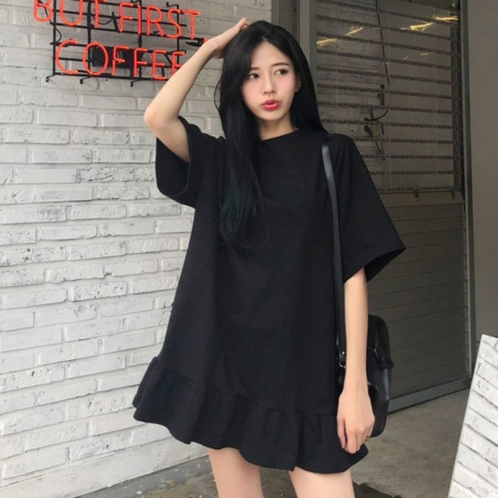 Asure 빅사이즈 여름 미니 반팔 원피스 루즈핏 프릴 원피스