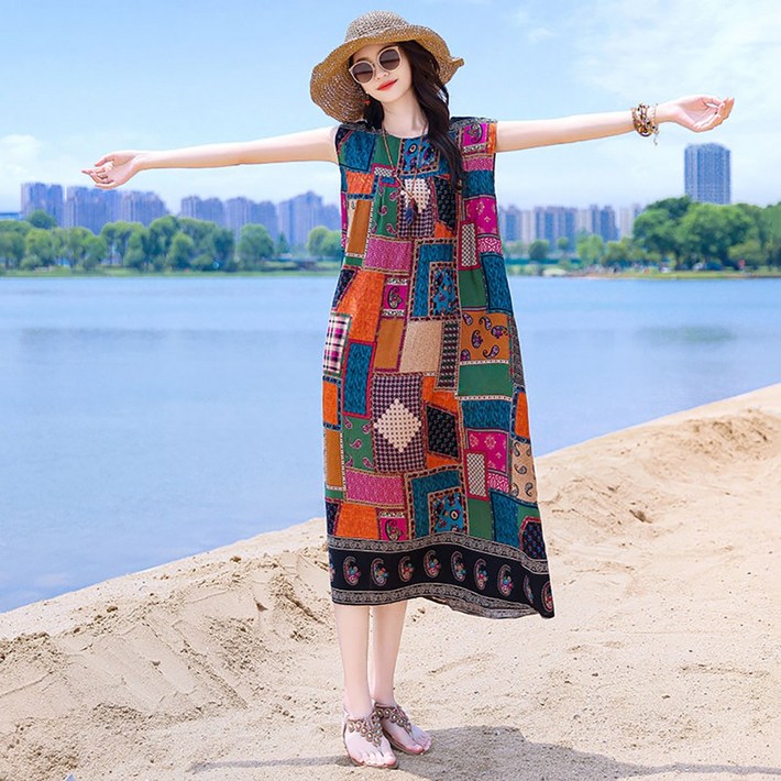 ROYALBELLE 여성 여름 루즈핏 민소매 롱 원피스 바캉스 빅사이즈 비치룩 B0041516