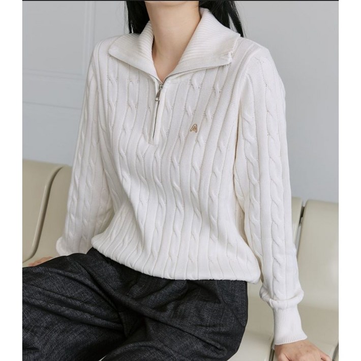 올모스트스퀘어 여성 반집업 니트 프리미엄라인 흔치않은 최고급 100 코튼 소프트 터치 스웨터 케이블 꽈배기 하프집업 카라니트