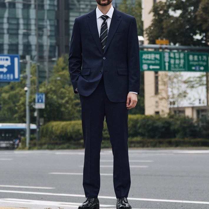 에스티코 남성 울혼방 사방스판 수트세트 클래식핏 네이비