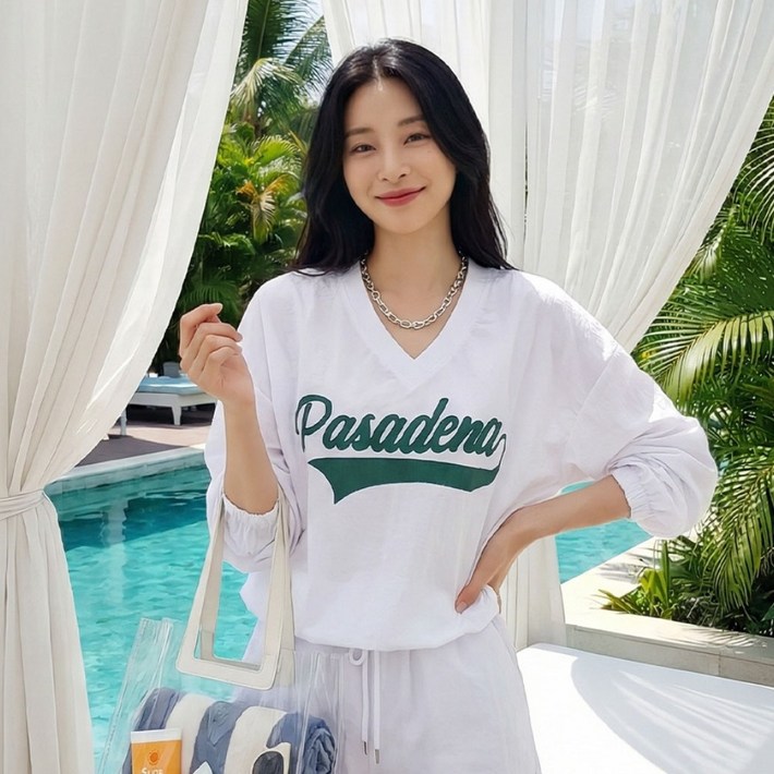 상상그이상 여성용 국내제작 위니상의 시원한 나일론소재 바스락거리는 얇은 여름 맨투맨 편안한 오버핏 레터링 티셔츠 데일리룩