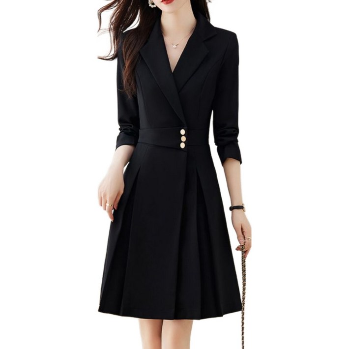 COSYEVNO 정장 원피스 패션 허리 조임 슬림핏 통근 비즈니스 여성 긴팔 A라인 미디스커트