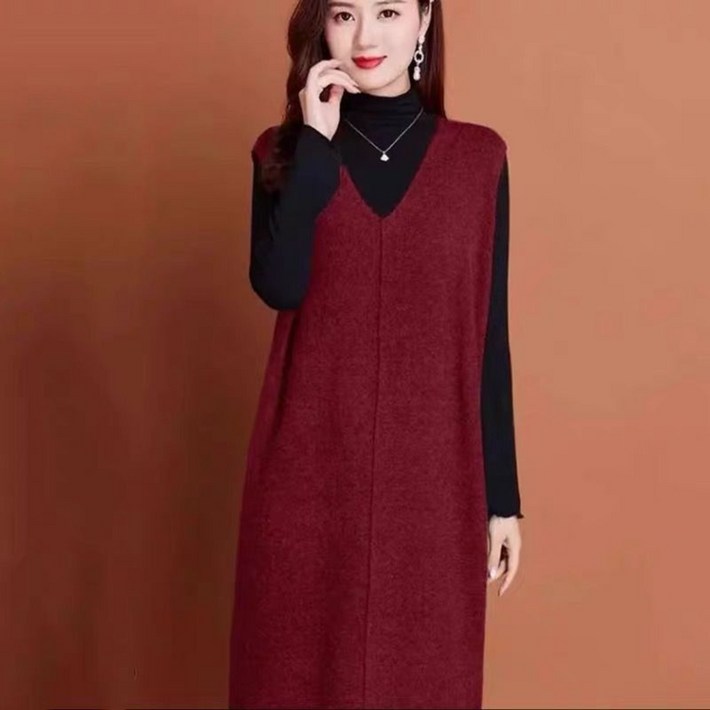 JUSTFEELING 니트원피스 가을 겨울 브이넥 민소매 롱니트 슬림핏 무릎까지 나시원피스