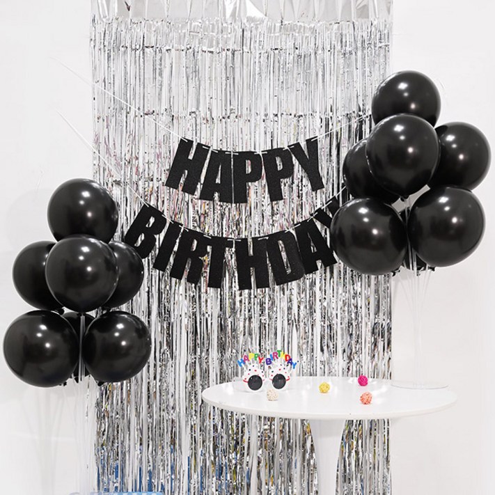 파티쇼 생일파티 실버커튼  블랙 가랜드  풍선꽂이장식  펄풍선 세트