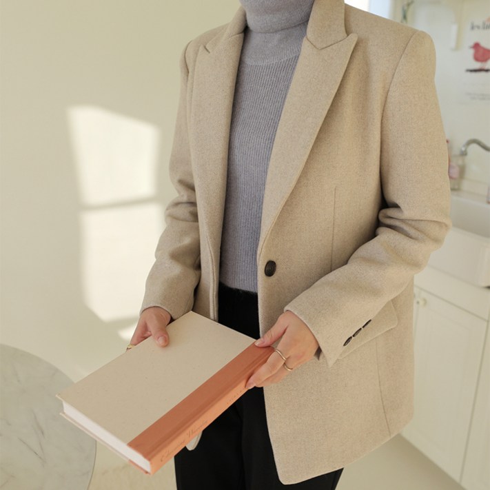 빼빼 여성용 울혼방 테일러드 클래식 싱글 자켓