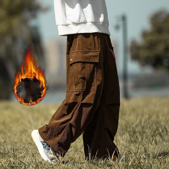 POMTOR 겨울 남여공용 캐주얼 기모 배기 카고 코듀로이 팬츠