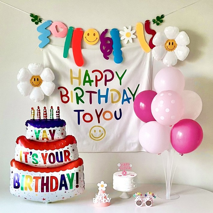 연지마켓 생일 가랜드 현수막 데이지 풍선 파티 용품 세트, 1세트, 핑크 캔들케이크 배너 연지마켓 생일 가랜드 현수막 데이지 풍선 파티 용품 세트, 1세트, 핑크 캔들케이크 배너