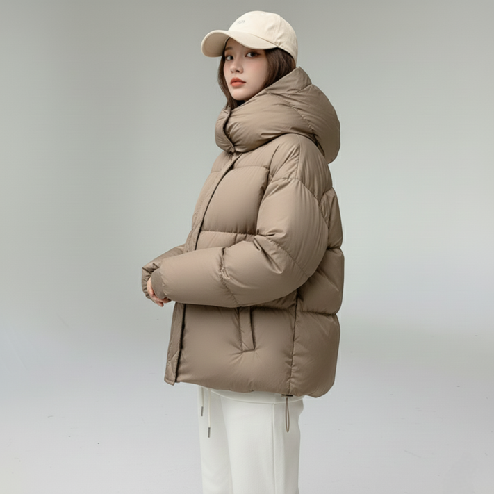 Shopflix 여성용 하이넥 오버핏 숏패딩 후드 루즈핏 겨울 데일리 패딩 점퍼