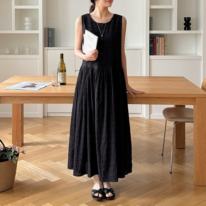 데일리앤 슈디 루즈핏 아사면 체크 민소매 롱 원피스 봄 여름 휴양지 임부복 66 77