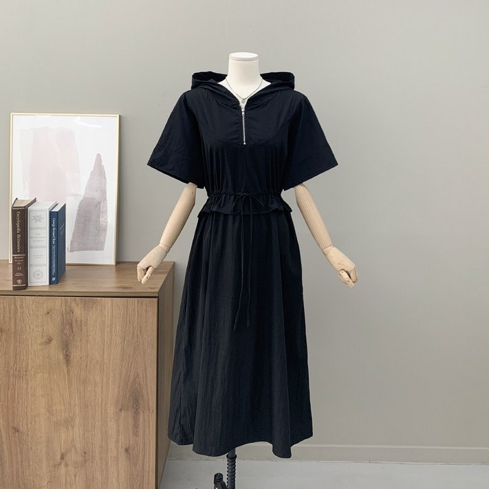 행복여 샤블 허리 스트링 집업 아노락 플레어 반팔 후드 원피스