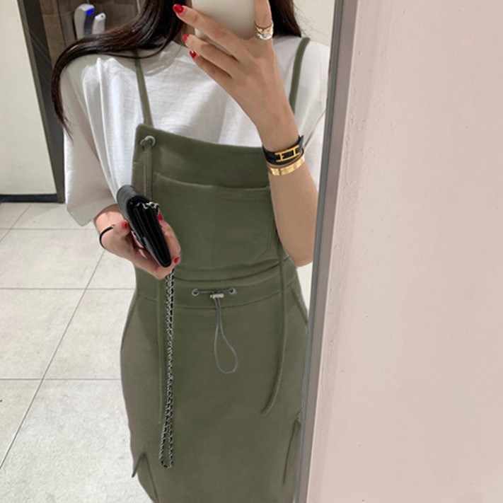 더사바 끈 멜빵 카고치마 뷔스티에 멜빵 끈 원피스 셔링 끈 조절 레이어드 롱원피스