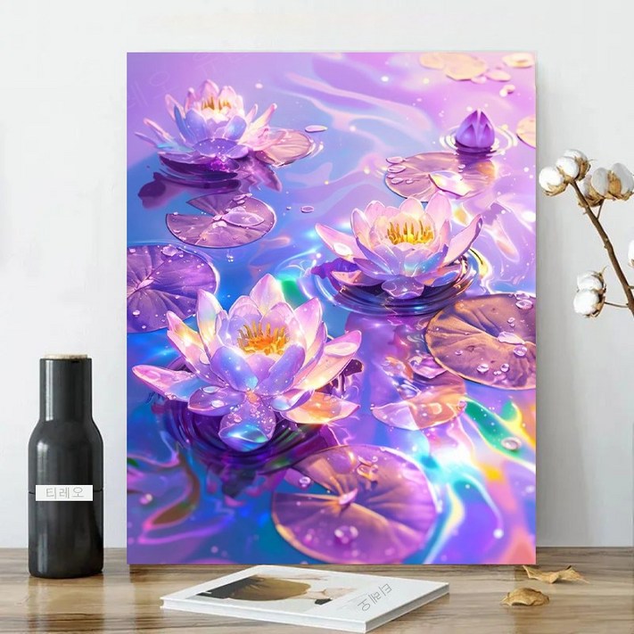 수련 보석십자수 캔버스형 보라색 연꽃 원형비즈 DIY키트 40x50cm 3D 대형 구슬 비즈 큐빅십자수