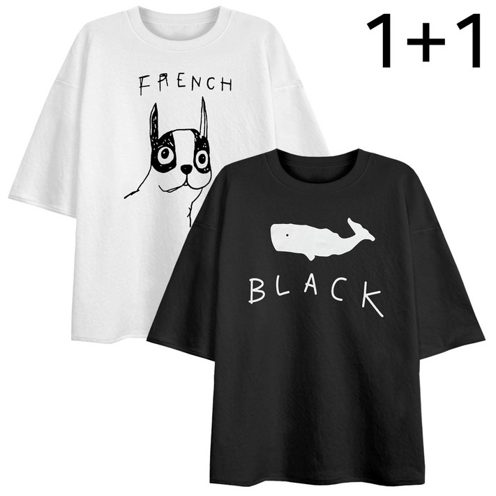 엠제이스타 2장묶음 11 오버핏 반팔 티셔츠 프렌치펫  흑백고래 남녀공용 반팔티